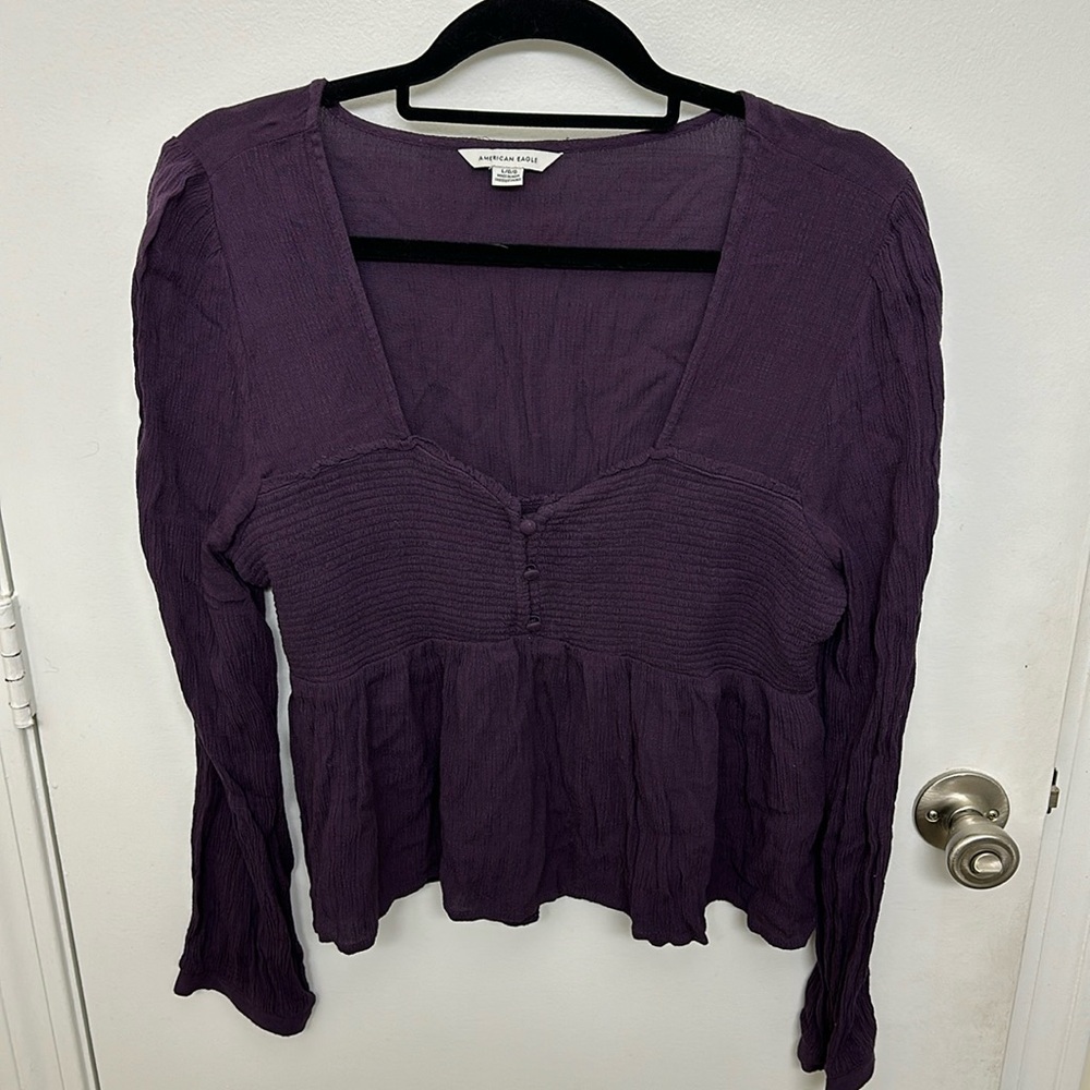 American Eagle Purple Smocked Peplum Blouse, Size L